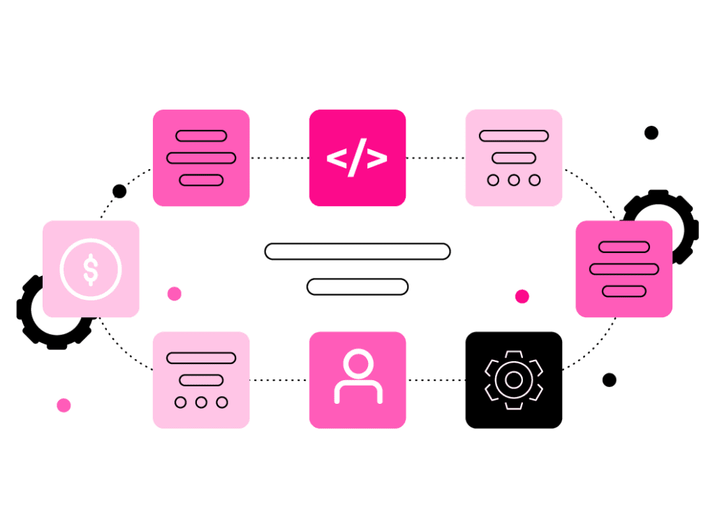 Íconos en diseño circular, con símbolos de formularios, codificación, perfiles de usuario, un signo de dólar y un engranaje.